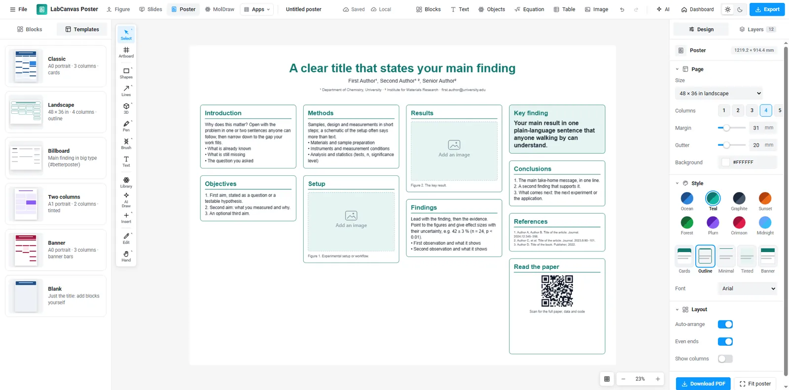 LabCanvas Research Poster with an A0 poster in three columns, the Blocks palette on the left and page settings on the right